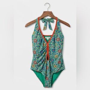 Rhode x Target Plus Size 2X Green Floral Halter One Piece Swimsuit Ruched